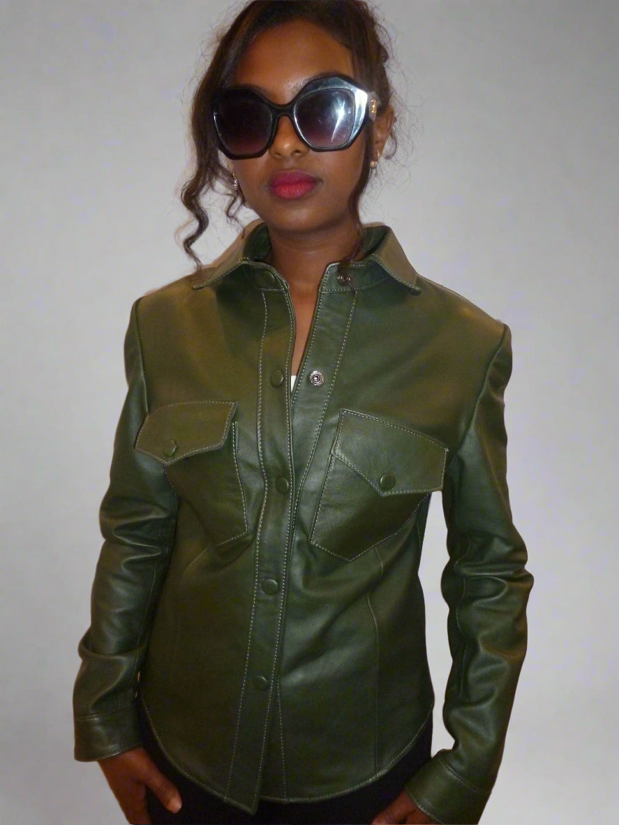 Women's Leather Jacket – Emerald Green Jacket with Military-Inspired Flair